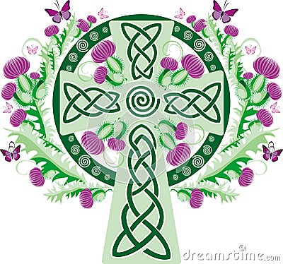 Celtic cross with a vignette of a thistle flower Vector Illustration