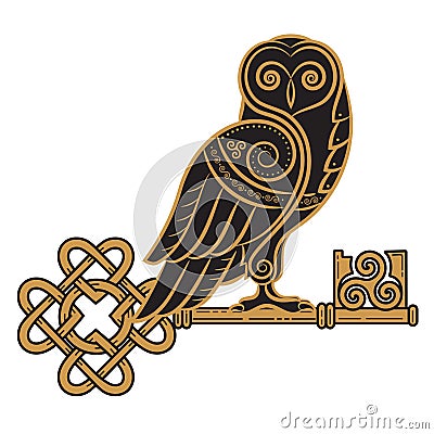 The Celtic design. Owl and key in the Celtic style, a symbol of wisdom Vector Illustration