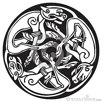Celtic design of a three dogs biting their tails Vector Illustration