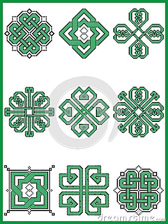 Celtic endless decorative knots selection in black and green cross stitch pattern inspired by Irish St Patrick`s day Vector Illustration