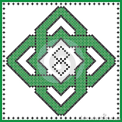 Celtic endless knot in rosette shape in black and green cross stitch pattern on white and black background inspired by St patrick Vector Illustration