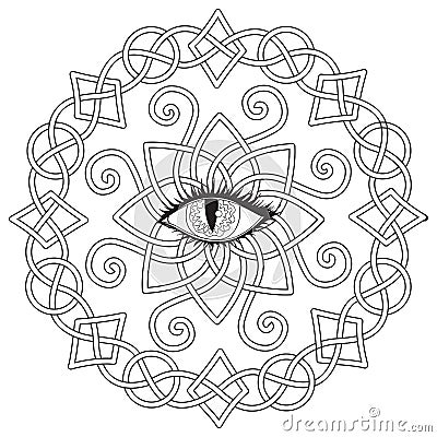 Celtic frame with vampire eye in the middle, Halloween theme for coloring book, coloring page for anti stress, printed tee and so Vector Illustration