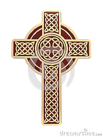 Celtic Gold Cross isolated on white background. Religion symbol. Irish knots. 3D Stock Photo