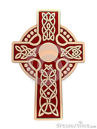 Celtic Gold Cross isolated on white background. Religion symbol. Irish knots. 3D Stock Photo