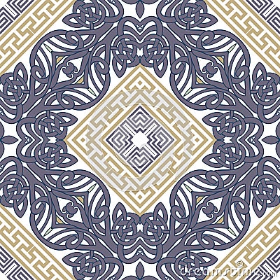 Celtic greek arabesque style seamless pattern with rhombus ornamental frames. Colorful celtic knots vector background. Repeat Vector Illustration