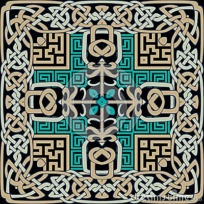 Celtic greek arabesque style seamless pattern with square ornamental frame. Colorful celtic knots vector background. Repeat Vector Illustration