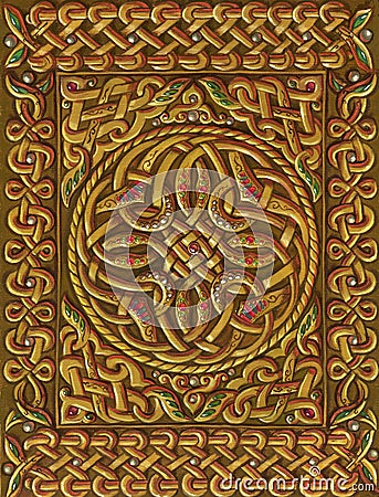 Celtic Irish knot round and border ornament. Traditional medieval golden decoration Cartoon Illustration