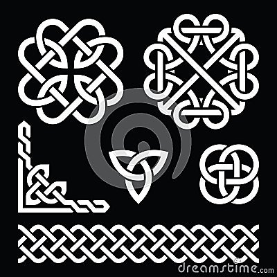 Celtic Irish knots, braids and patterns in white on black background Stock Photo