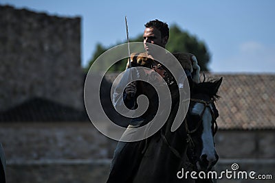 Celtic knight riding horses in traditional costume Editorial Stock Photo