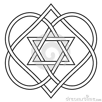 Celtic knot entwining hearts and stars of David, vector Jewish heart shape with star of David art two hearts are woven Vector Illustration