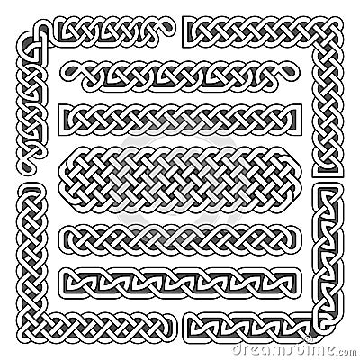 Celtic knots vector medieval seamless borders, patterns, and ornament corners. Pattern brushes set Vector Illustration