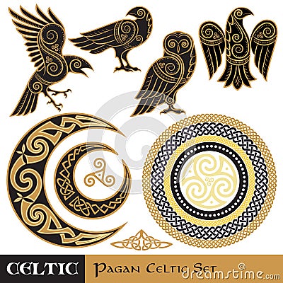 Celtic Magic set. Celtic horned Moon and Sun, Celtic Owl, Celtic Raven Vector Illustration