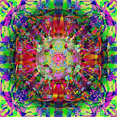 CELTIC MANDALA, WITH PINK CENTER, TEXTURE IN RED, PURPLE GREEN LIGHT GREEN WEAVING SHAPES Stock Photo