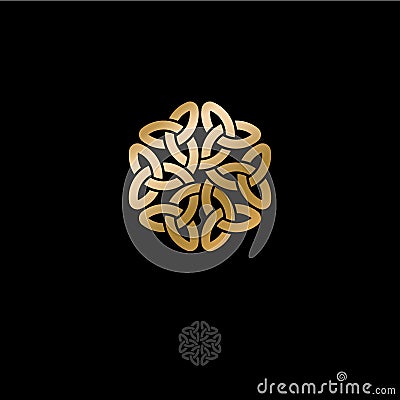 Celtic plexus ornament. Rosette pattern, interlaced lines in a floral motif, isolated on a dark background. Vector Illustration