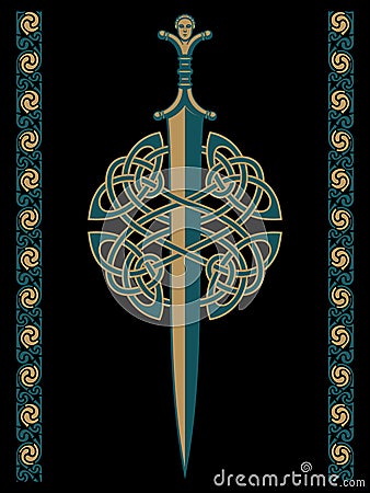 Celtic Scandinavian design. Celtic sword and Celtic Scandinavian ornaments, vector illustration Cartoon Illustration