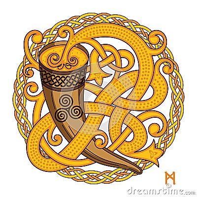 Celtic, Scandinavian design. Drinking horn with mead and woven pattern Vector Illustration