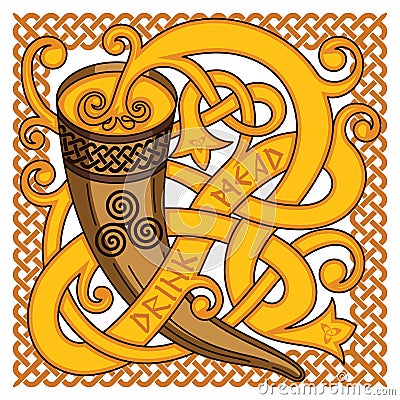 Celtic, Scandinavian design. Drinking horn with mead and woven pattern Vector Illustration