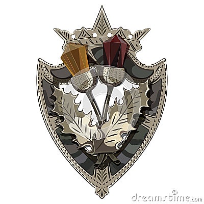 Celtic Scottish brooch in the shape of a shield with crown, Scottish Thistle adorned with stones like garnet and amber Vector Illustration