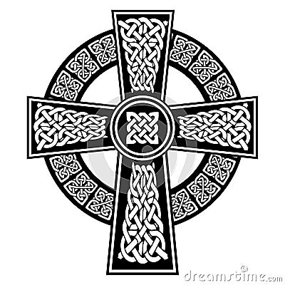 Celtic style Cross with endless knots patterns in white and black with stroke elements inspired by Irish St Patrick`s Day Vector Illustration