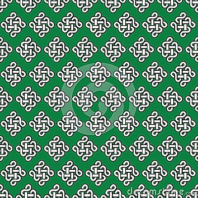 Celtic style endless knot symbol seamless pattern In white with black stroke on green background inspired by Irish St Patricks Day Vector Illustration