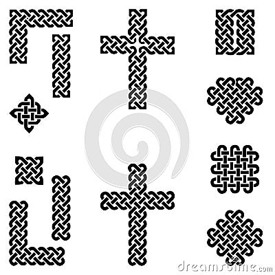 Celtic style endless knot symbols including border, line, heart, cross, curvy squares in black on white background inspired by Ir Vector Illustration