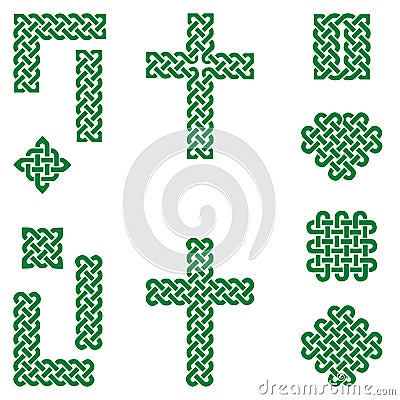 Celtic style endless knot symbols including border, line, heart, cross, curvy squares in irish flag green on white background Vector Illustration