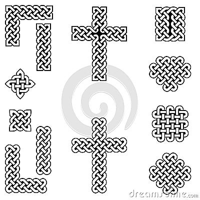 Celtic style endless knot symbols including border, line, heart, cross, curvy squares in white, with black filling between knots Stock Photo