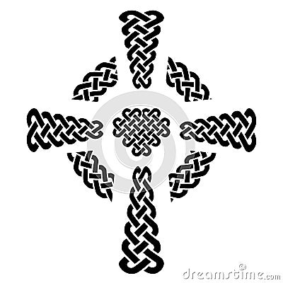 Celtic style knotted Cross with eternity knot patterns in white and black with surrounding rounded knot ring elements Vector Illustration