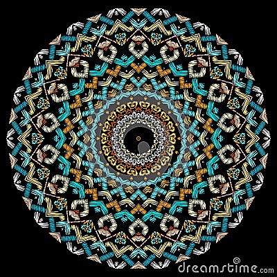 Celtic style textured round mandala pattern. Colorful tapestry background. Grunge backdrop. Intricate ornaments. Embroidered Vector Illustration