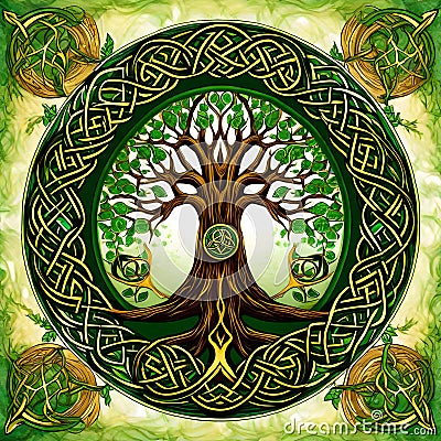 Celtic tree of life in green and gold colors with an ornament frame Stock Photo