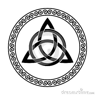 Triquetra with circle, triangular Celtic knot in circular spiral frame Vector Illustration