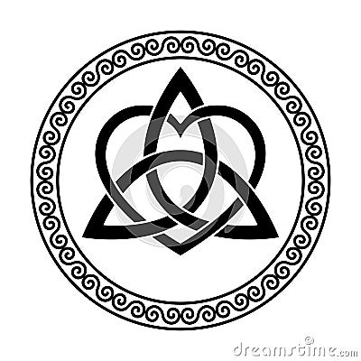 Triquetra with a heart symbol, Celtic knot in spiral frame Vector Illustration