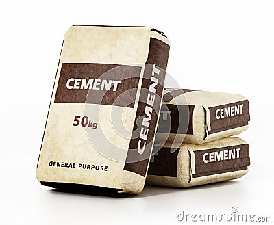 Cement bags with generic package design isolated on white background. 3D illustration Cartoon Illustration