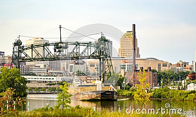 Cement Barge on the Cuyahoga River Downtown Cleveland Editorial Stock Photo