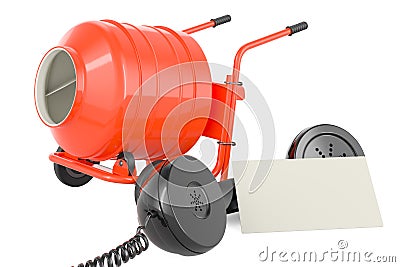 Cement mixer with blank business card and retro phone receiver. 3D rendering Stock Photo