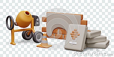 Cement mixer, plastered brick wall, signal cone, stack of bags of dry construction mix Vector Illustration