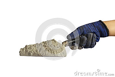 Cement or cement powder on the plastering trowel, including the hands of the builder isolated on white background. Stock Photo