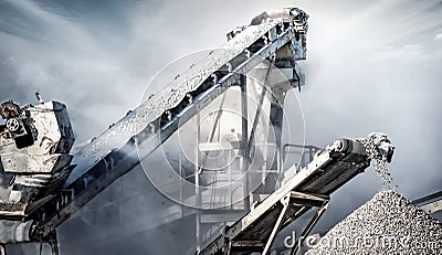 Cement production factory on mining quarry. Conveyor belt Stock Photo