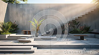 a cement staircase characterized by steps of varying heights and dimensions, accompanied by ample space for seating Stock Photo