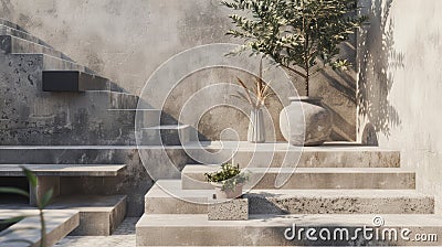 a cement staircase characterized by steps of varying heights and dimensions, accompanied by ample space for seating Stock Photo