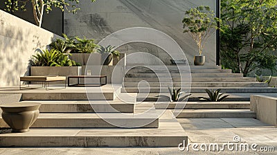 a cement staircase characterized by steps of varying heights and dimensions, accompanied by ample space for seating Stock Photo