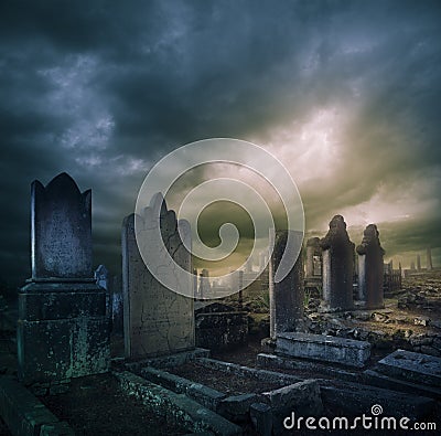 Cemetery, graveyard with tombstones at night Stock Photo
