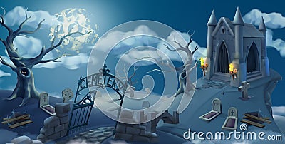 Cemetery, halloween background. 3d vector graphics Vector Illustration