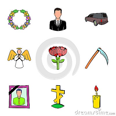 Cemetery icons set, cartoon style Vector Illustration