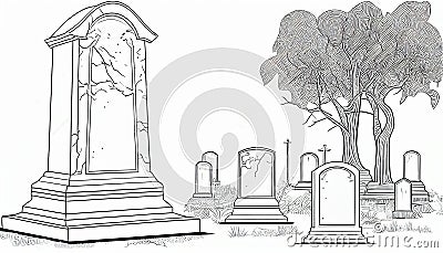 Cemetery landscape at night, tombstone with RIP inscription, cartoon. Gravestones with cross, angel figure, ossuary or Cartoon Illustration