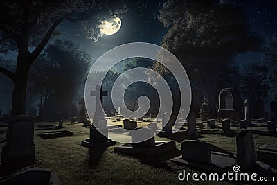 cemetery at night, with the moon casting a peaceful and ethereal glow over the gravestones Stock Photo