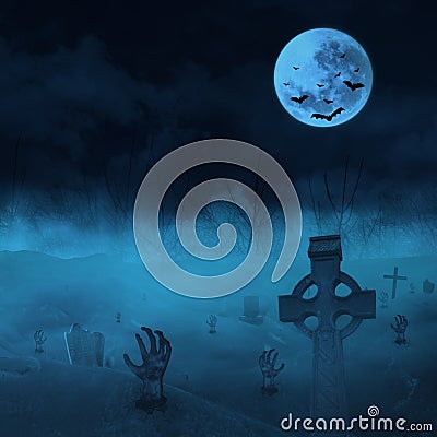 Cemetery with zombies and gravestones Stock Photo