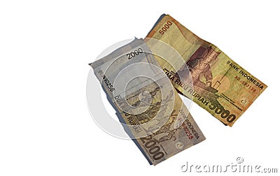 Cenital view of 5000 and 2000 indonesian rupiah bills with white background Stock Photo