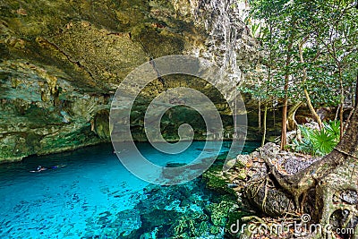 Cenote Dos Ojos in Quintana Roo, Mexico. People swimming and snorkeling in clear blue water. This cenote is located close to Tulum Editorial Stock Photo