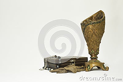 Censer, Agar wood : Oud, incense Chips, rosary beads isolated on a background Stock Photo